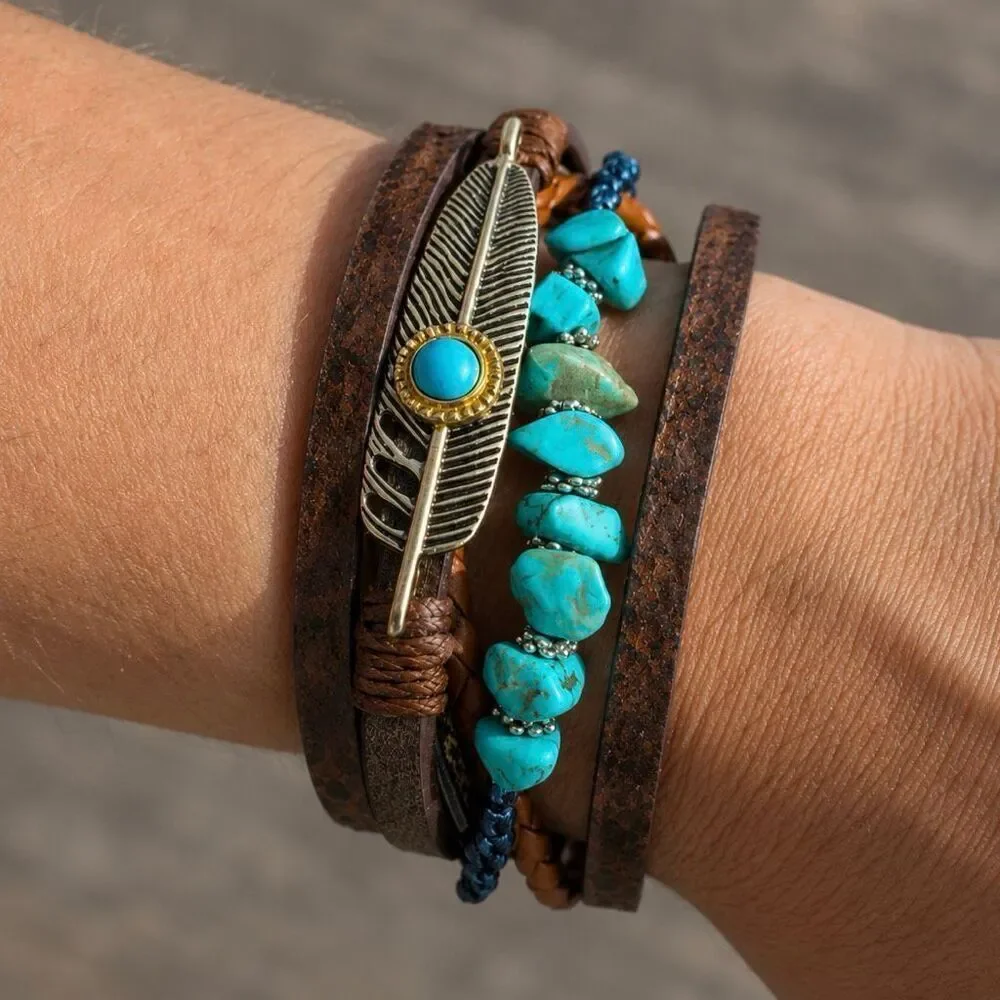 Western Layered Cuff Bracelet, Brown with Faux Turquoise